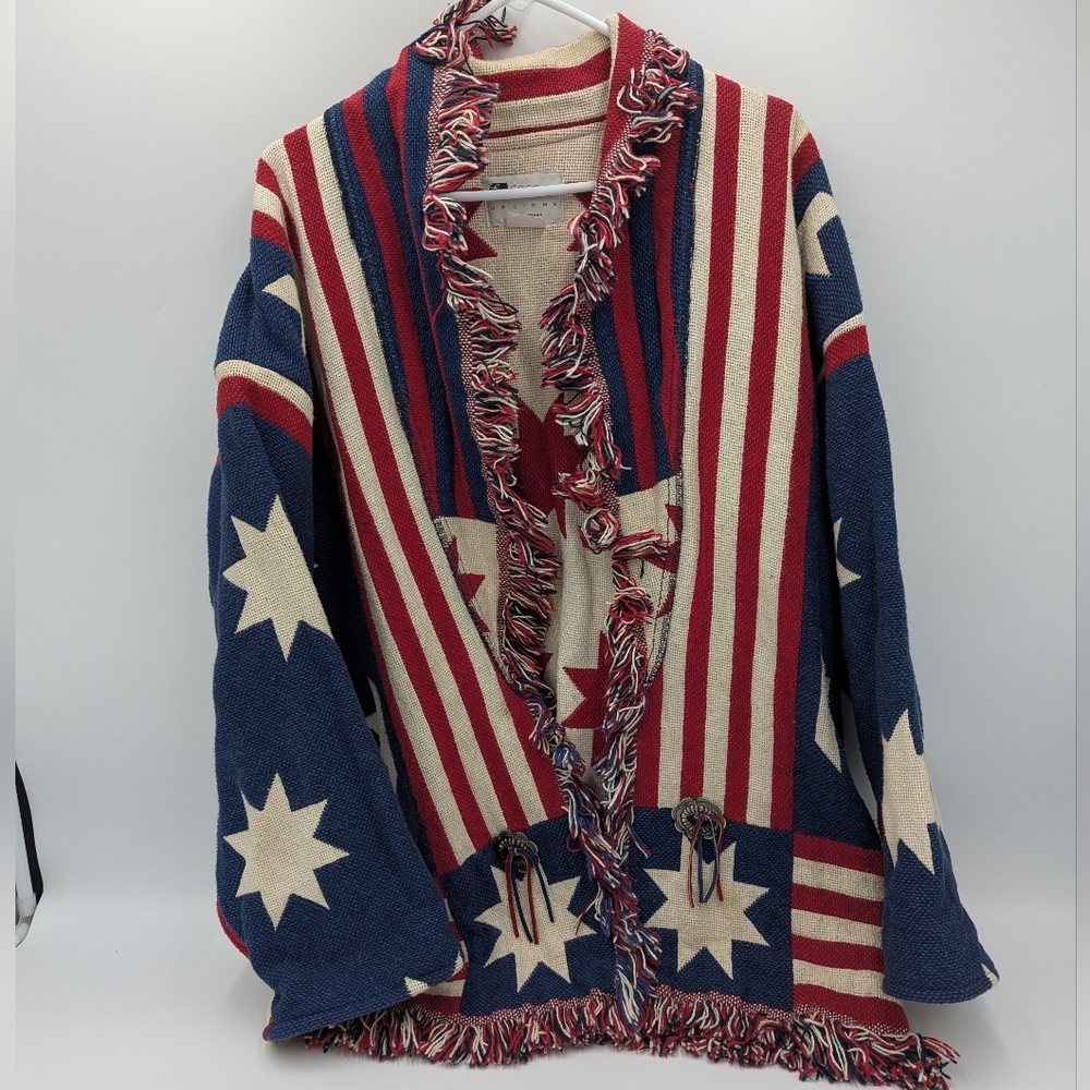 Vtg E. Clair Designs Austin Texas Americana Flag Tapestry Fringe Jacket OS Bobo